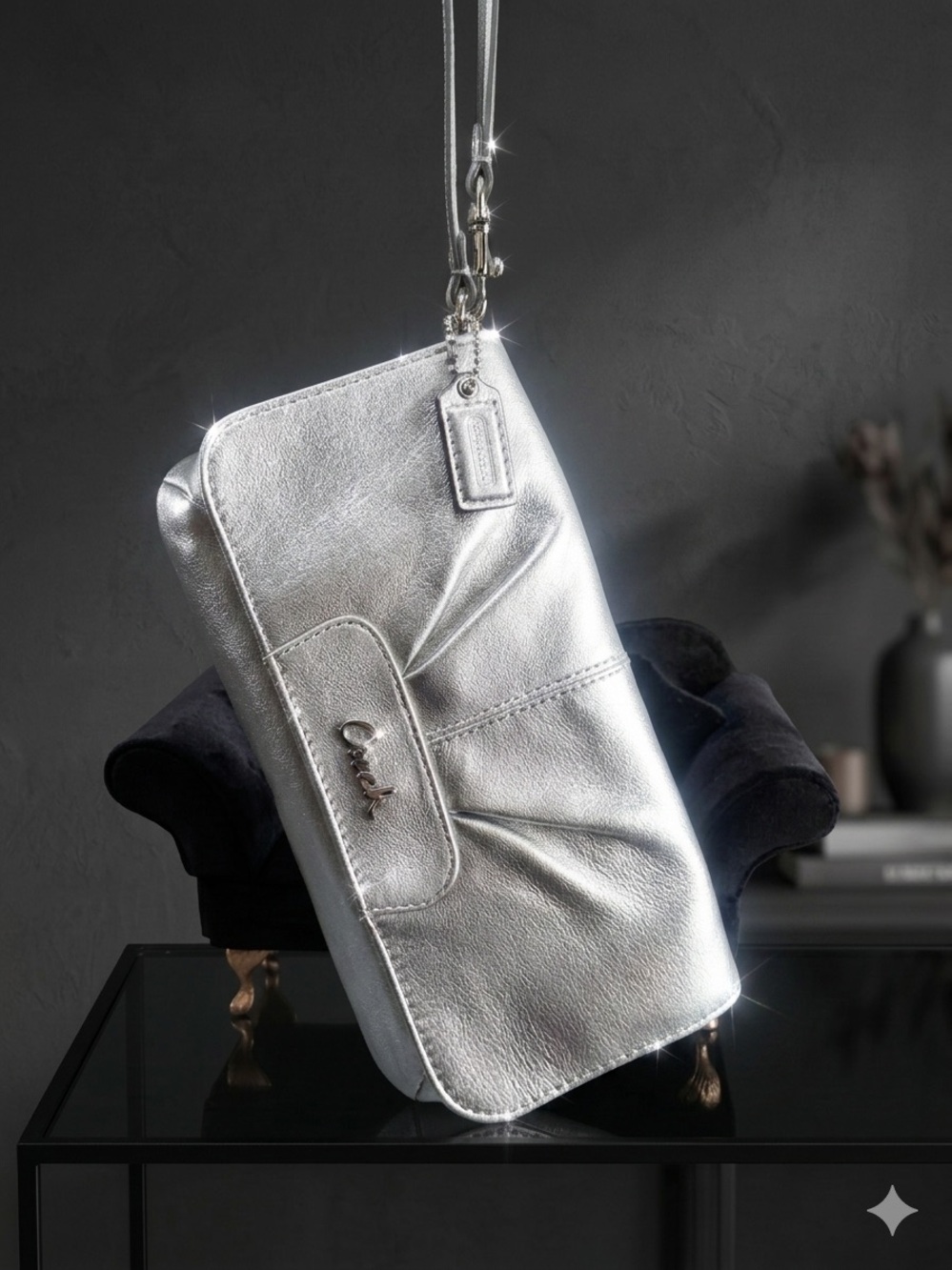 Coach Ashley Silver Metallic Leather Pleated Wristlet Bag Cluch